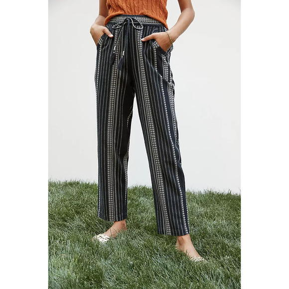 Anthropologie Beach Trousers XS Black Embroidered Boho Striped High Rise Pants - Picture 1 of 15